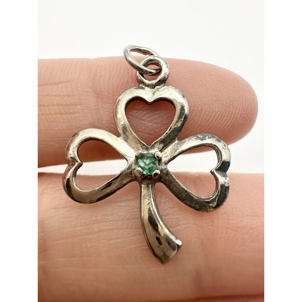 Vintage 925 Emerald Clover Shamrock Heart Leaf Pendant
